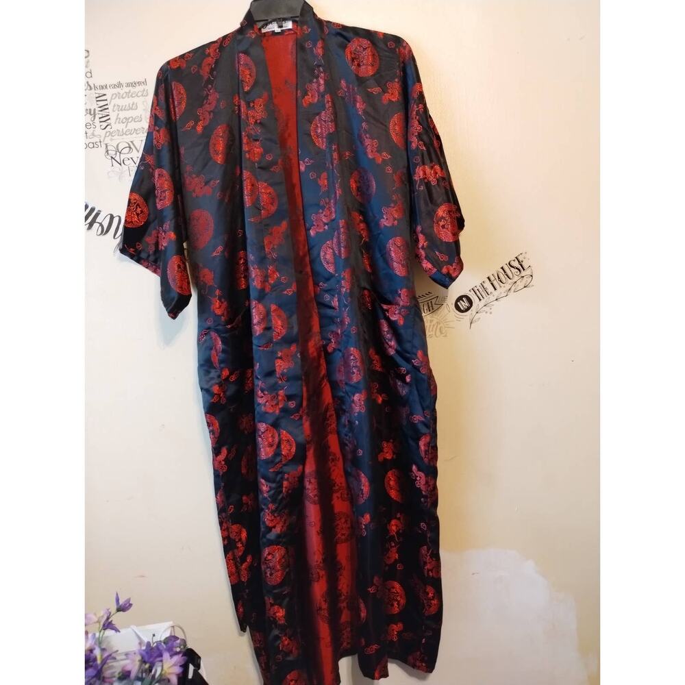 Plants Silk Belted Kimono Robe Embroidered Chinese Characters Red XXL